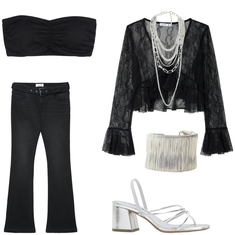 Outfit donna - Serata fuori casual. Stile Casual chic per Serata fuori. Abbinamento con sandali col tacco, bluse, jeans a zampa, canottiere, collane, braccialetti.