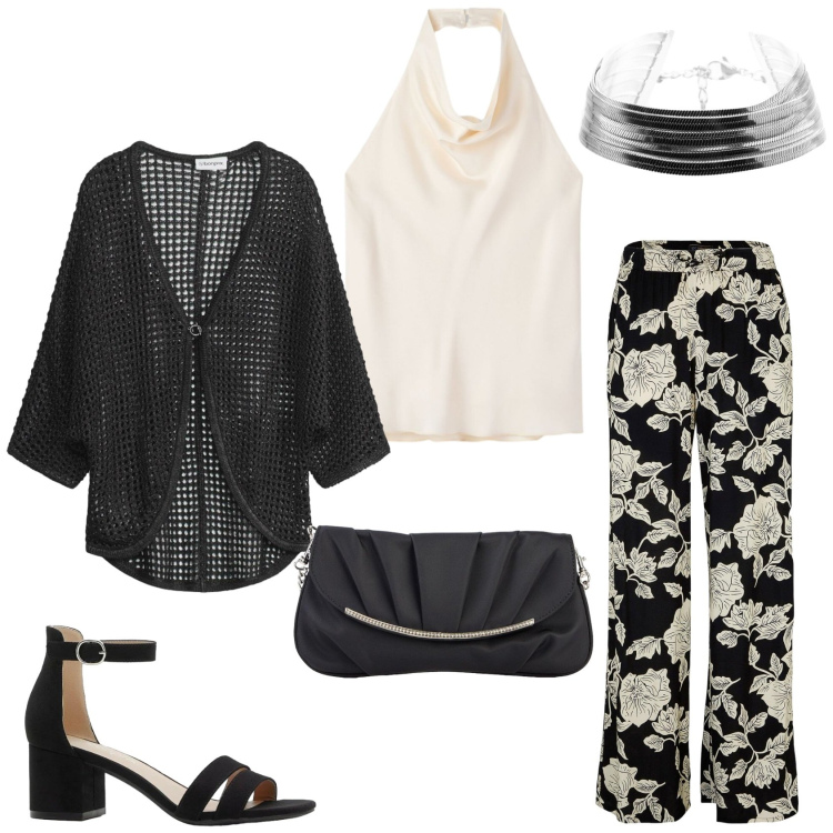 Outfit donna - Serata fuori. Stile Casual chic per Serata fuori. Abbinamento con cardigans, pantaloni a palazzo, sandali col tacco, clutch, canottiere, braccialetti.