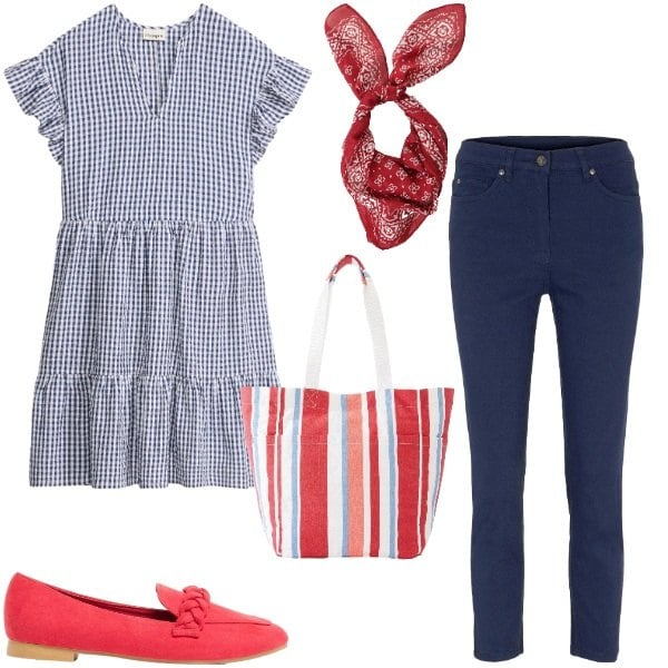 Outfit donna - Sixties. Stile Vintage retrò per Tutti i giorni. Abbinamento con pantaloni, shopping bag, mocassini, vestiti corti, foulard.