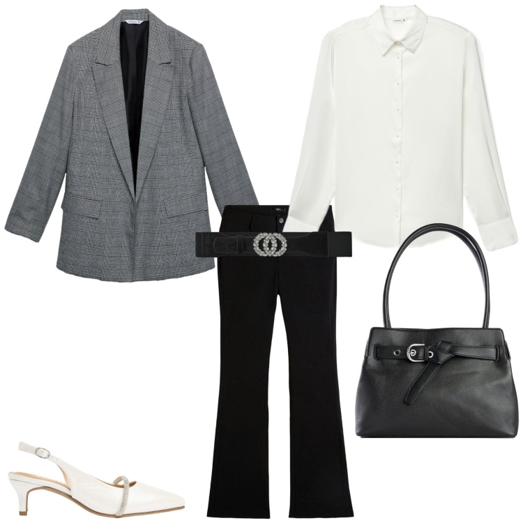 Outfit donna - Un outfit per l\'ufficio. Stile Chic per Ufficio. Abbinamento con pantaloni, borse a mano, décolleté, cinture, blazer, camicie.