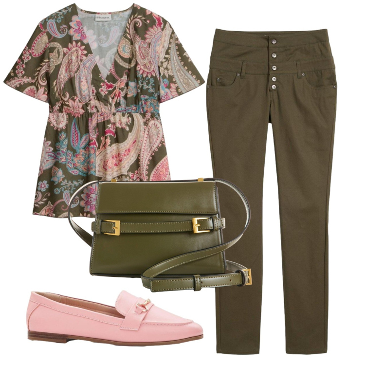 Outfit donna - Total look #2407482. Stile Romantica per Ufficio. Abbinamento con pantaloni skinny, borse a tracolla, mocassini, bluse.