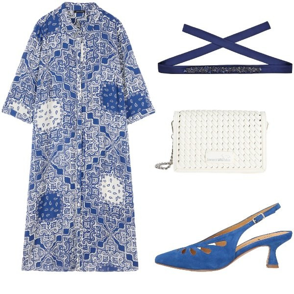 Outfit donna - Cena primaverile. Stile Casual chic per Serata fuori. Abbinamento con décolleté, cinture, borse a tracolla, vestiti chemisier.