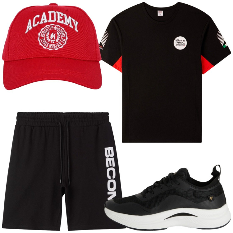 Outfit uomo - Tempo livero. Stile Trendy per Tutti i giorni. Abbinamento con bermuda, cappelli, t-shirt sportive, sneakers.