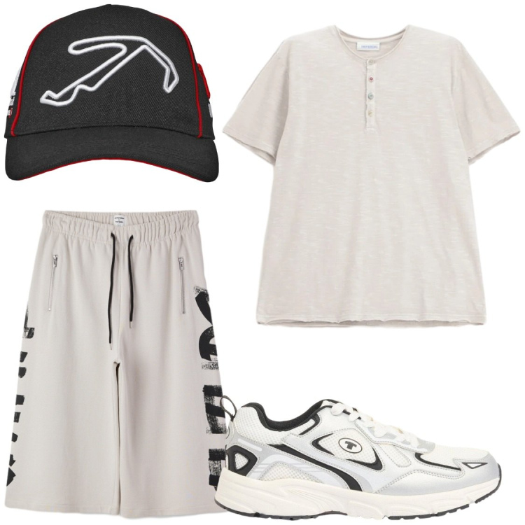 Outfit uomo - Tempo libero. Stile Trendy per Tutti i giorni. Abbinamento con sneakers, cappelli con visiera, bermuda, t-shirt.