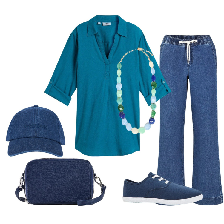Outfit donna - Blue mood. Stile Casual per Tutti i giorni. Abbinamento con bluse, sneakers, jeans, borse a tracolla, cappelli con visiera, collane.