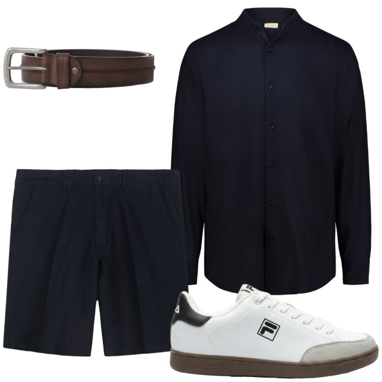 Outfit uomo - Collo coreana&Maniche arrotolate. Stile Trendy per Serata speciale. Abbinamento con sneakers, cinture, camicie, bermuda.