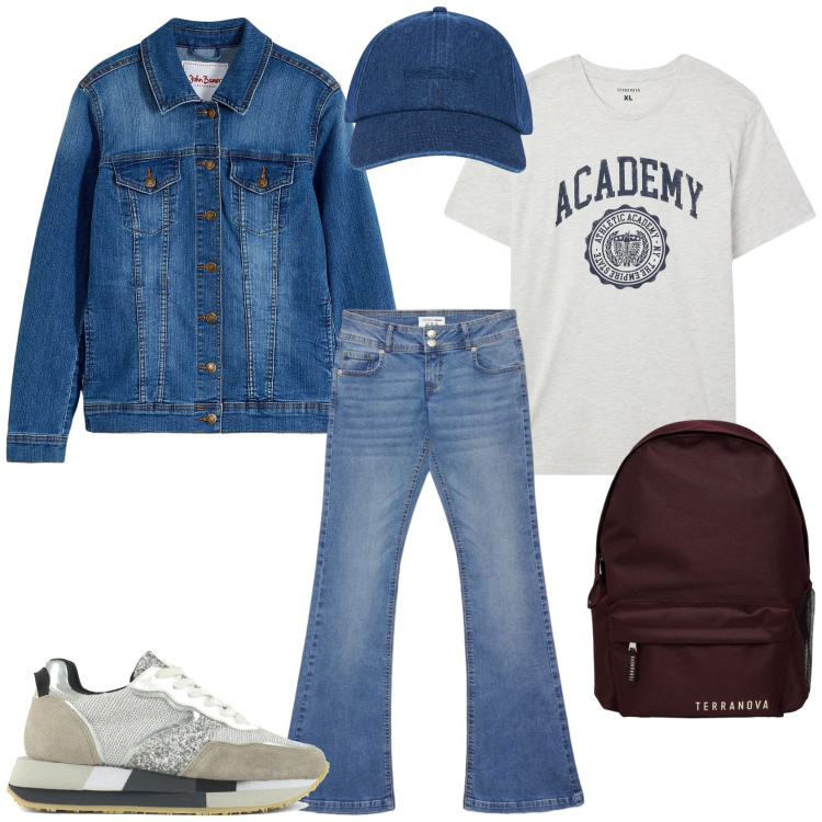 Outfit donna - Casual. Stile Casual per Tutti i giorni. Abbinamento con blazer, zaini, t-shirt sportive, jeans a zampa, cappelli con visiera, sneakers.