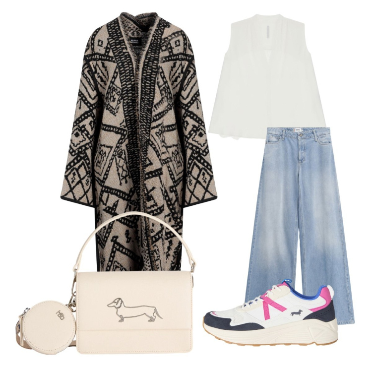 Outfit donna - Maxi bassotto. Stile Sporty chic per Tutti i giorni. Abbinamento con cardigans, top, sneakers, borse a tracolla, jeans.
