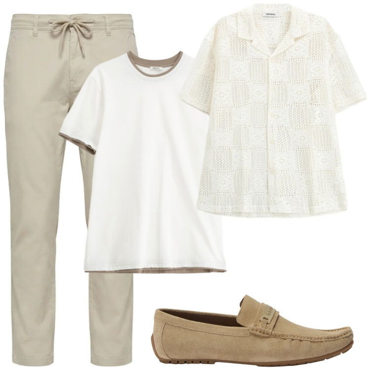 Outfit uomo - Beige. Stile Trendy per Serata speciale. Abbinamento con t-shirt, camicie a manica corta, scarpe stringate, pantaloni.