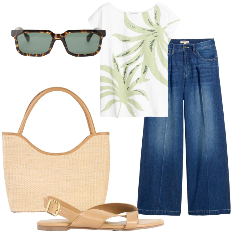 Outfit donna - Domenica in relax. Stile Casual per Tutti i giorni. Abbinamento con jeans, t-shirt, sandali, shopping bag, occhiali da sole.