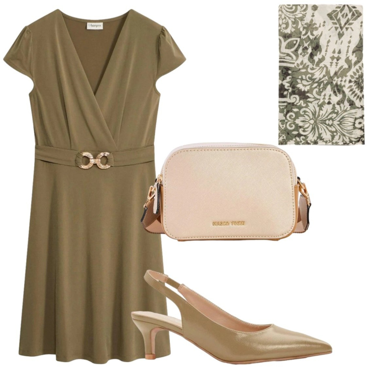 Outfit donna - Verde oliva. Stile Bon Ton per Serata fuori. Abbinamento con vestiti, borse a tracolla, décolleté, foulard.