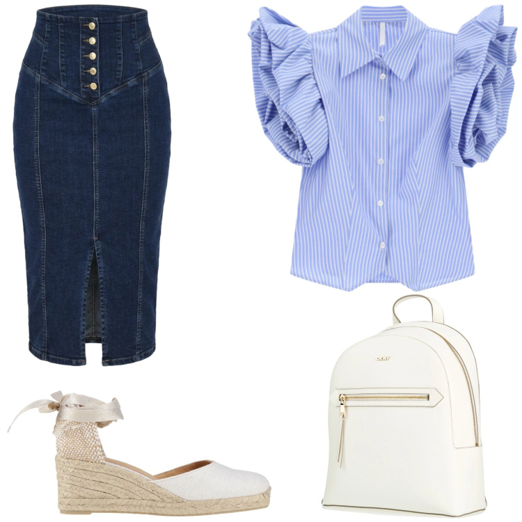 Outfit donna - Dall\' ufficio all\' aperitivo. Stile Trendy per Tutti i giorni. Abbinamento con zaini, espadrillas, gonne longuette, camicie a manica corta.