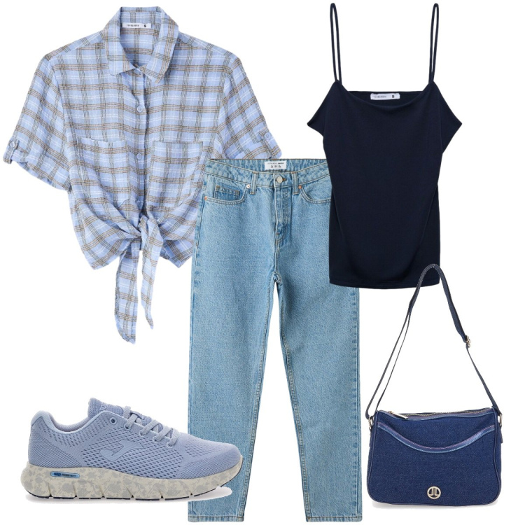 Outfit donna - Azzurro. Stile Basic per Tutti i giorni. Abbinamento con jeans mom, canottiere, camicie a manica corta, sneakers, borse a tracolla.