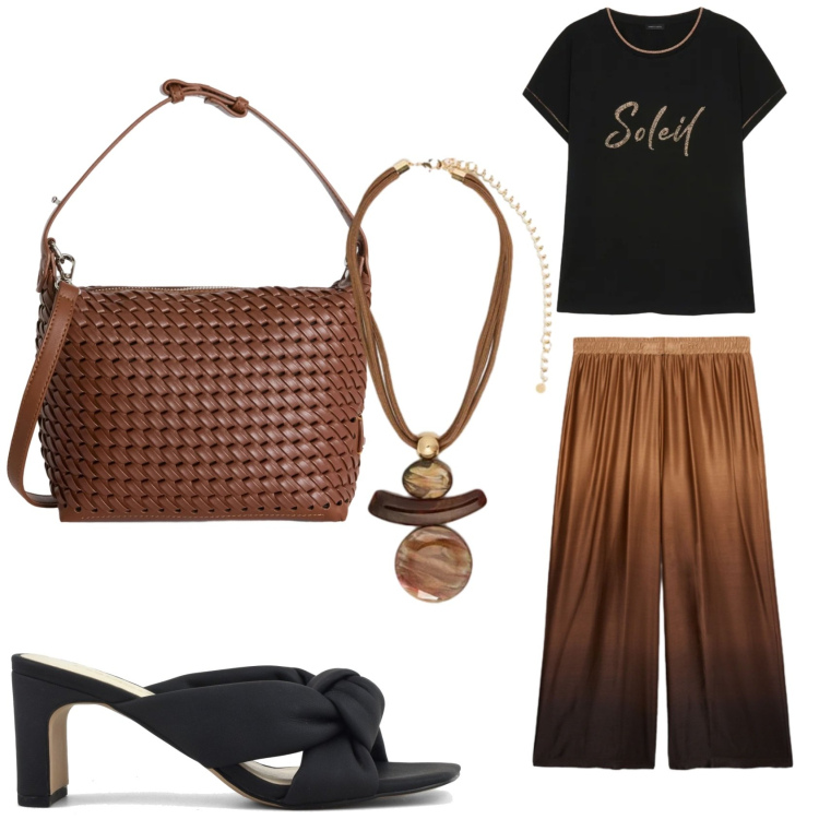 Outfit donna - Stile etnico chic Fiorella Rubino. Stile Etnico per Ufficio. Abbinamento con borse a spalla, pantaloni a palazzo, ciondoli, t-shirt, sandali col tacco.