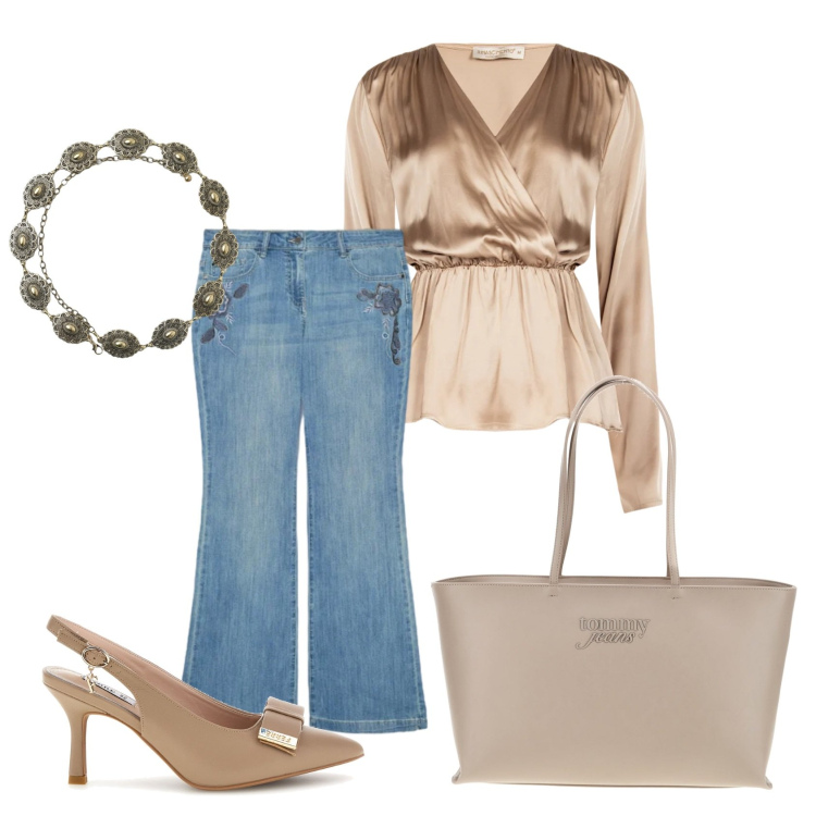 Outfit donna - New look con la blusa. Stile Casual chic per Tutti i giorni. Abbinamento con cinture, bluse, jeans, décolleté, borse a spalla.