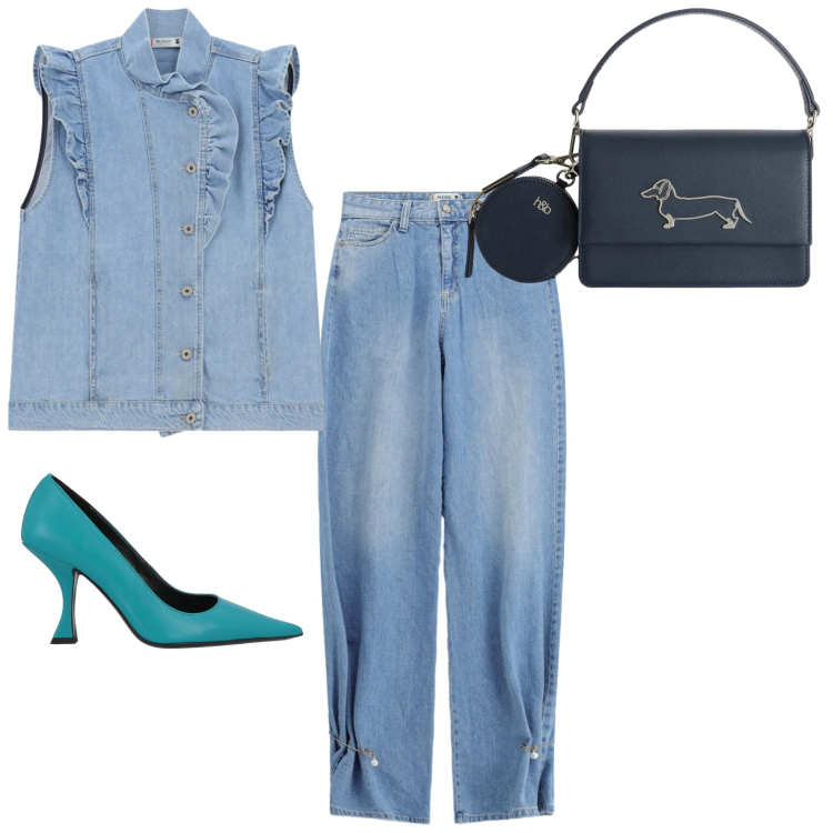 Outfit donna - Aperitivo del venerdì. Stile Casual per Serata fuori. Abbinamento con décolleté, borse a tracolla, jeans, top.
