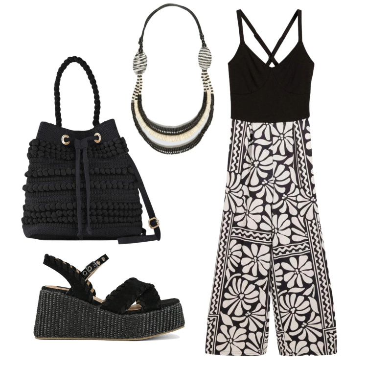 Outfit donna - Total look #2407530. Stile Trendy per Serata fuori. Abbinamento con tute, borse a secchiello, collane, zeppe.