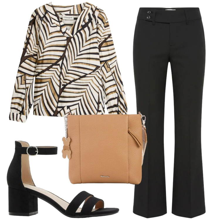 Outfit donna - Total look #2407531. Stile Bon Ton per Ufficio. Abbinamento con tuniche, sandali col tacco, borse a tracolla, pantaloni.