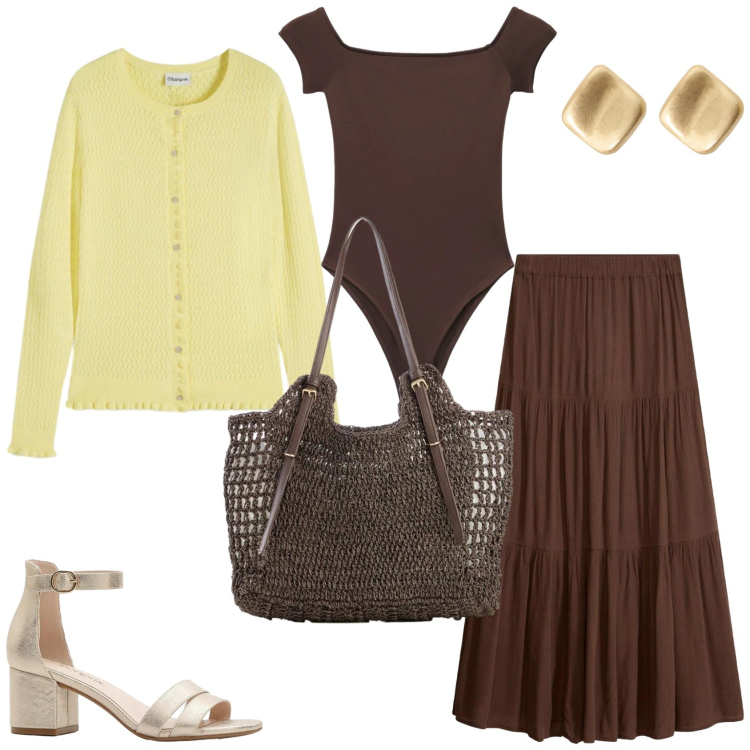 Outfit donna - Boho vibes. Stile Boho per Tutti i giorni. Abbinamento con gonne lunghe, cardigans, sandali col tacco, shopping bag, top, orecchini.