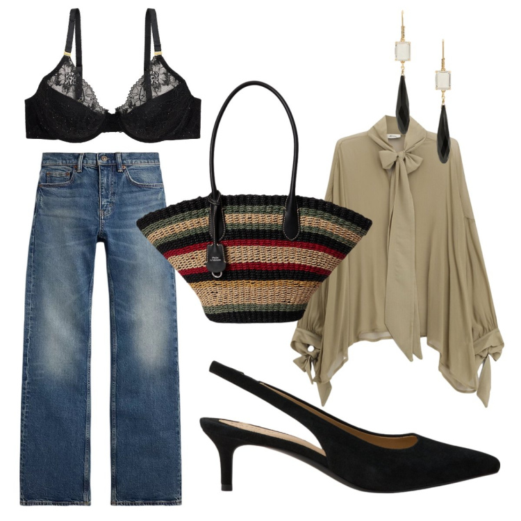 Outfit donna - Primo appuntamento. Stile Casual chic per Serata fuori. Abbinamento con jeans bootcut, décolleté, borse tote, reggiseni, orecchini, camicie.
