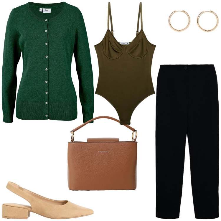 Outfit donna - L\'outfit Basico e Bon-Ton. Stile Bon Ton per Tutti i giorni. Abbinamento con cardigans, orecchini, décolleté, pantaloni chino, top, borse a secchiello.