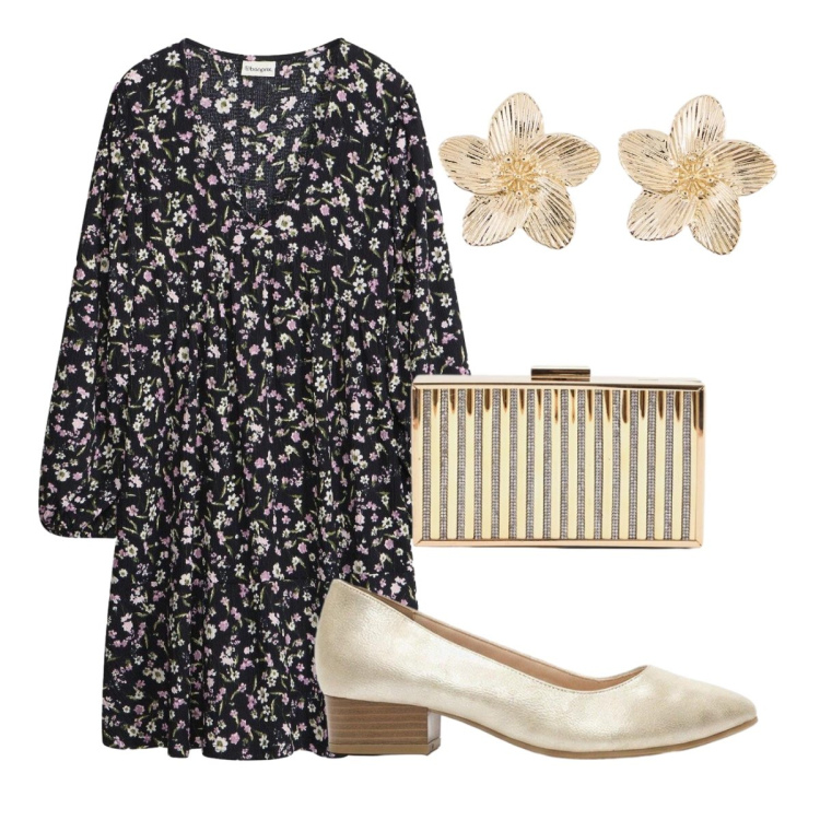 Outfit donna - Oro e fiori. Stile Romantica per Serata fuori. Abbinamento con vestiti corti, décolleté, orecchini, clutch.