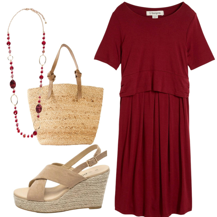 Outfit donna - Total look #2407558. Stile Basic per Ufficio. Abbinamento con vestiti midi/longuette, shopping bag, sandali col tacco, collane.