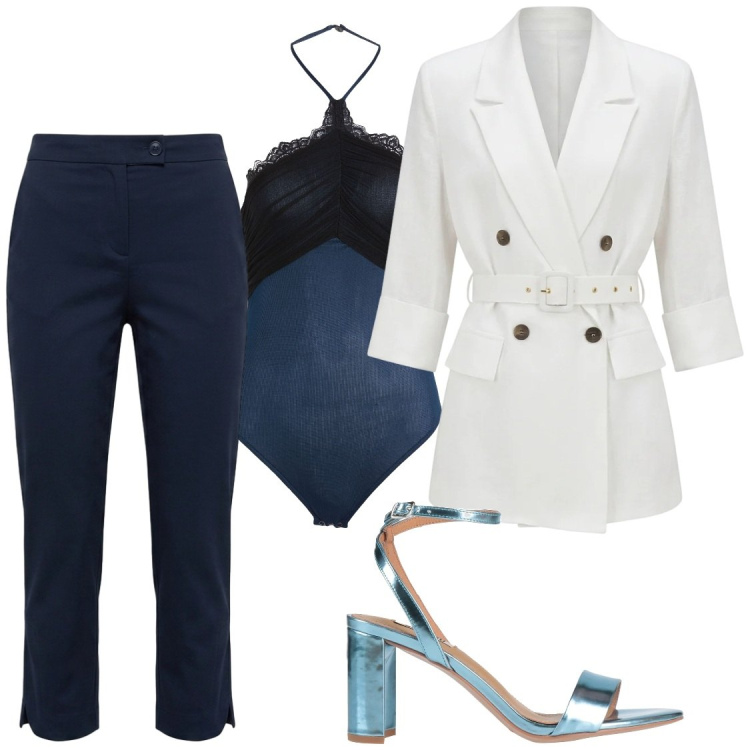 Outfit donna - Estivo polate. Stile Chic per Ufficio. Abbinamento con body, sandali in pelle, blazer, pantaloni capri.