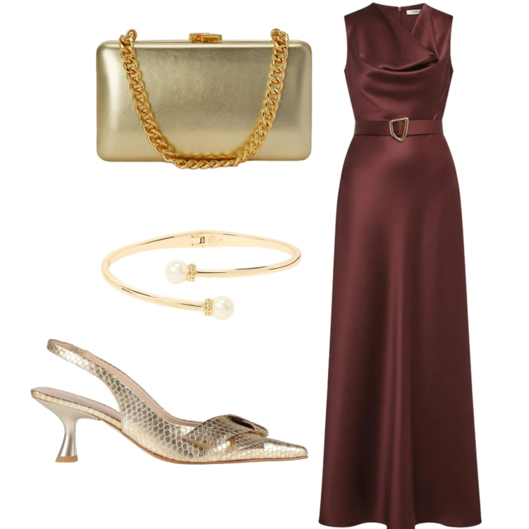 Outfit donna - Abito lungo in raso cioccolato. Stile Glamour per Cerimonia. Abbinamento con décolleté, vestiti lunghi, braccialetti, clutch.