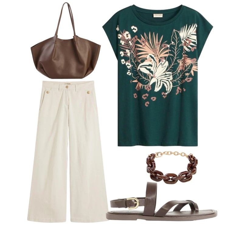 Outfit donna - Stampa esotica. Stile Casual per Tutti i giorni. Abbinamento con t-shirt, pantaloni, sandali, braccialetti, shopping bag.