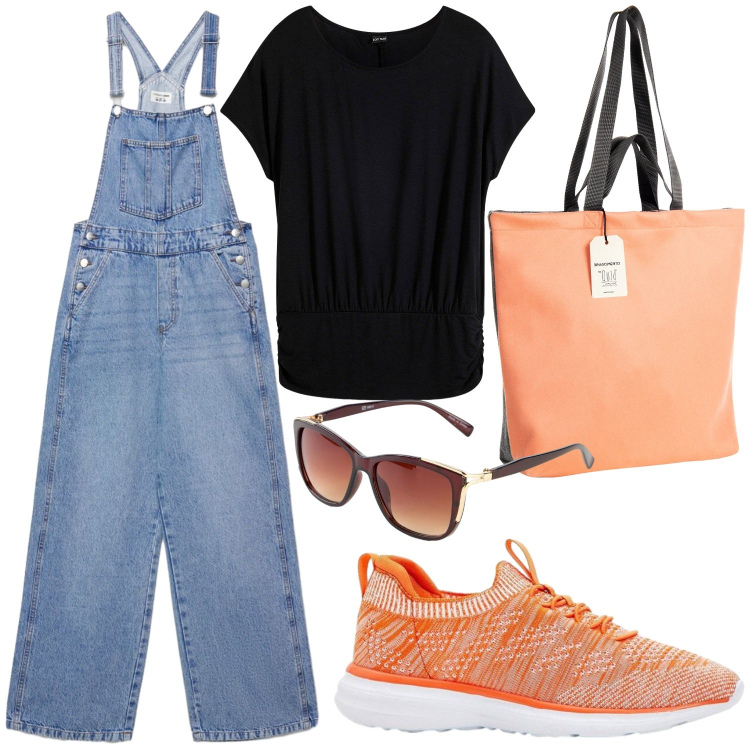 Outfit donna - Passeggiata in centro.. Stile Urban per Tutti i giorni. Abbinamento con sneakers, maglieria, occhiali da sole, salopette, borse tote.