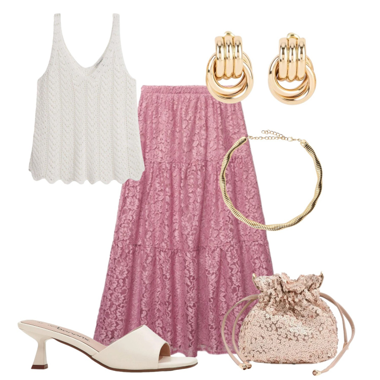 Outfit donna - Pizzo malva di sera-@unavitatralenuvole. Stile Romantica per Serata fuori. Abbinamento con canottiere, ciabatte, orecchini, gonne lunghe, pochette, collane.