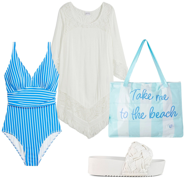 Outfit donna - Total look #2407578. Stile Minimal per Mare. Abbinamento con costumi interi, vestiti da spiaggia, borse tote, ciabatte.