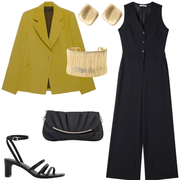 Outfit donna - Per una serata fuori formale. Stile Glamour per Serata fuori. Abbinamento con clutch, sandali col tacco, tute, orecchini, braccialetti, blazer.