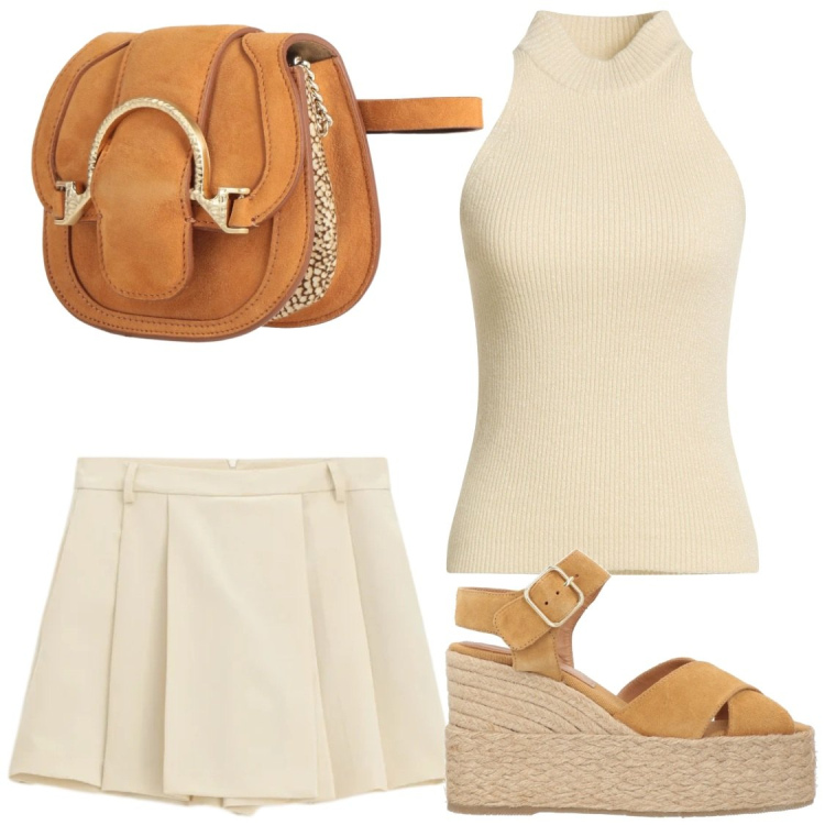 Outfit donna - Estate. Stile Casual chic per Serata fuori. Abbinamento con marsupi, espadrillas, maglieria, shorts.