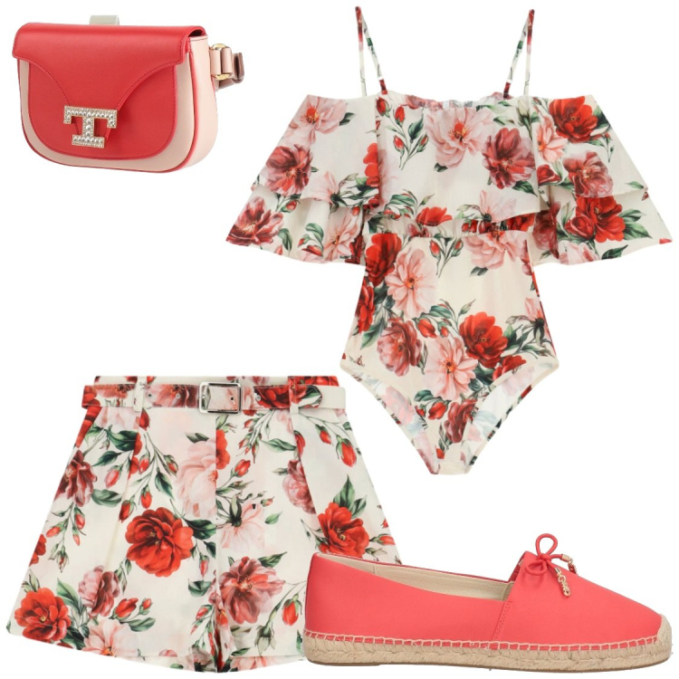 Outfit donna - Un mondo divfiori. Stile Glamour per Serata fuori. Abbinamento con marsupi, espadrillas, body, shorts.