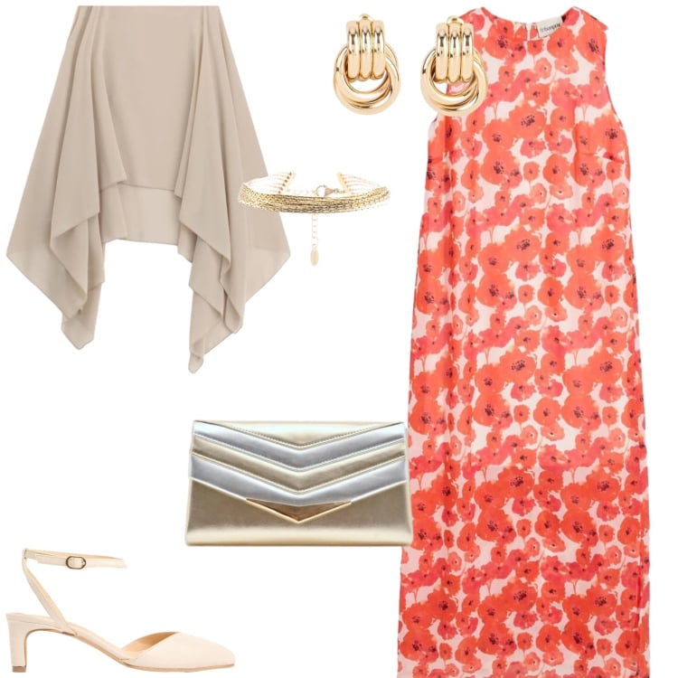 Outfit donna - L\'abito lungo con i papaveri. Stile Glamour per Cerimonia. Abbinamento con vestiti lunghi, décolleté, orecchini, pochette, cappe, braccialetti.
