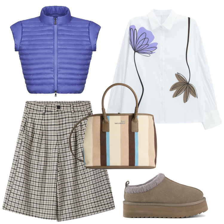 Outfit donna - In ufficio oggi. Stile Casual per Ufficio. Abbinamento con shopping bag, camicie, blazer, bermuda, sabot.