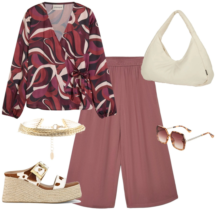 Outfit donna - Optical modern. Stile Casual chic per Tutti i giorni. Abbinamento con camicie, occhiali da sole, pantaloni a palazzo, braccialetti, borse a spalla, zeppe.