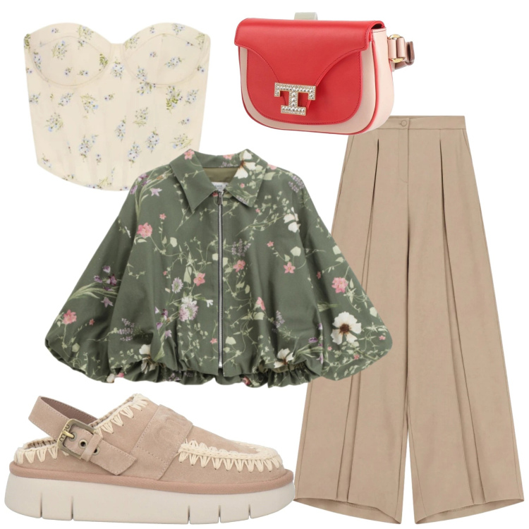 Outfit donna - Spring flowers. Stile Casual chic per Tutti i giorni. Abbinamento con pantaloni a palazzo, top, bomber, marsupi, décolleté.