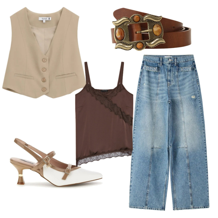 Outfit donna - Total look #2407602. Stile Casual per Serata fuori. Abbinamento con jeans, gilet, top, cinture, décolleté.