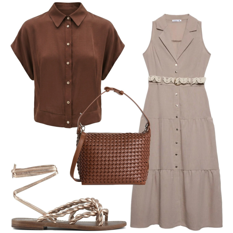 Outfit donna - Total look #2407603. Stile Basic per Tutti i giorni. Abbinamento con vestiti chemisier, camicie a manica corta, borse a spalla, sandali in pelle.