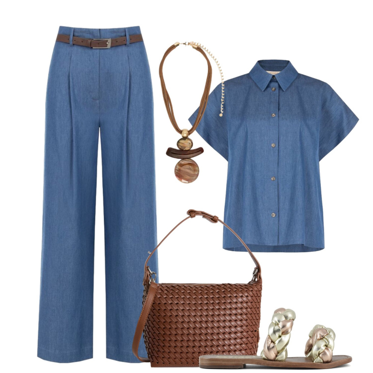Outfit donna - Novità indaco in città. Stile Trendy per Tutti i giorni. Abbinamento con pantaloni a palazzo, camicie a manica corta, borse a spalla, ciondoli, ciabatte.
