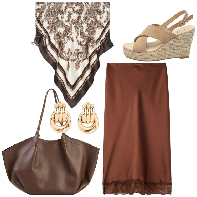 Outfit donna - Total look #2407605. Stile Etnico per Serata fuori. Abbinamento con shopping bag, sandali col tacco, orecchini, gonne longuette, top.