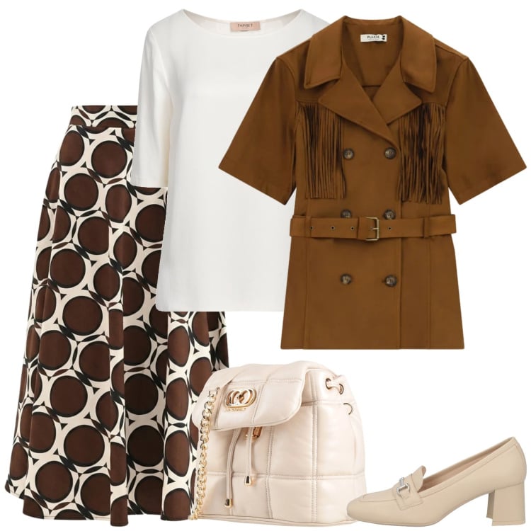 Outfit donna - Un po\' folk. Stile 70s per Ufficio. Abbinamento con top, mocassini, valigie, gonne lunghe, giacche.