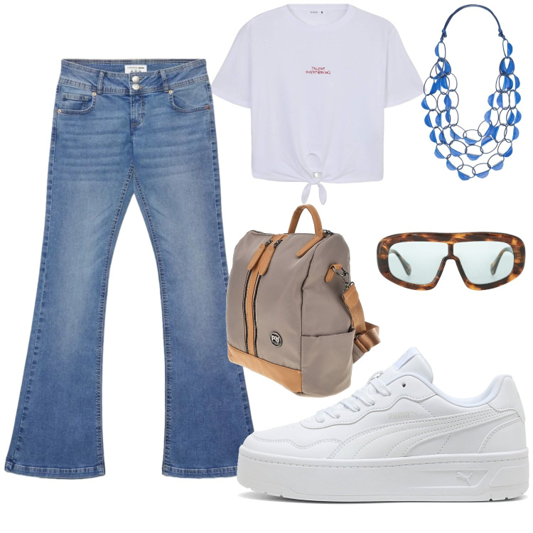 Outfit donna - Colazione con le amiche.. Stile Basic per Tutti i giorni. Abbinamento con jeans a zampa, t-shirt, occhiali da sole, collane, zaini, sneakers.