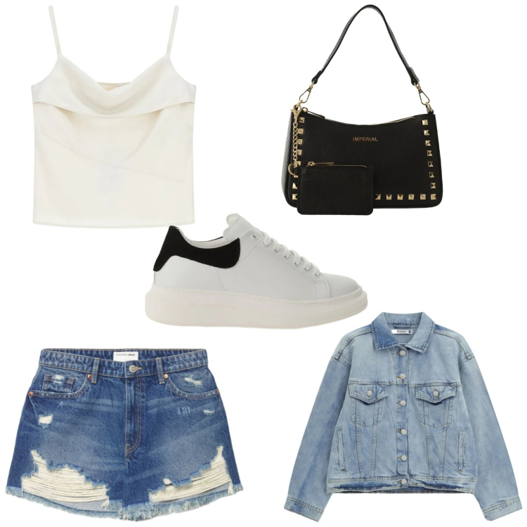 Outfit donna - Total look #2407608. Stile Casual per Tutti i giorni. Abbinamento con shorts, sneakers, borse a spalla, canottiere, blazer.