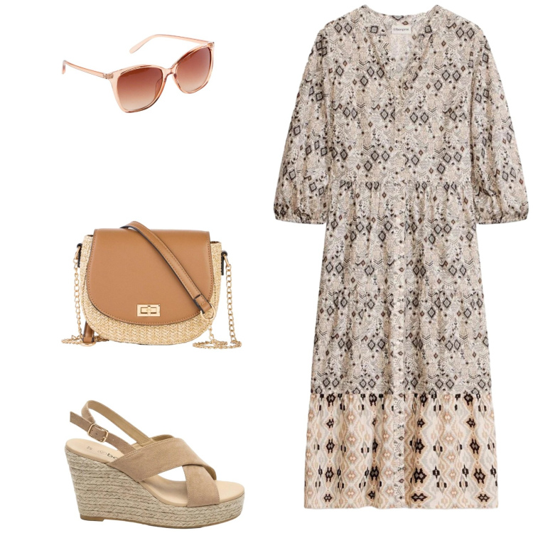 Outfit donna - Il lunedì. Stile Casual per Tutti i giorni. Abbinamento con vestiti midi/longuette, occhiali da sole, borse a tracolla, sandali col tacco.