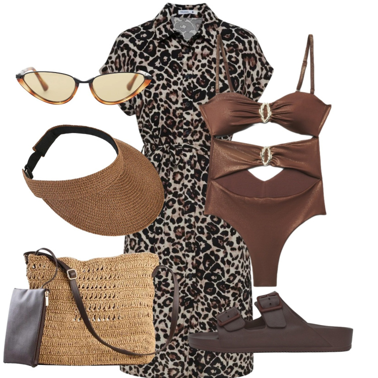 Outfit donna - Total look #2407610. Stile Casual per Mare. Abbinamento con cappelli con visiera, borse a tracolla, vestiti chemisier, ciabatte, costumi interi, occhiali da sole.