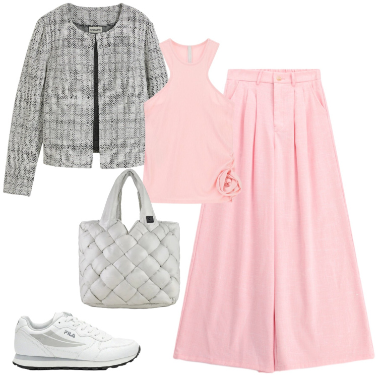 Outfit donna - spring in pink. Stile Casual per Ufficio. Abbinamento con cardigans, sneakers, top, pantaloni a palazzo, borse tote.